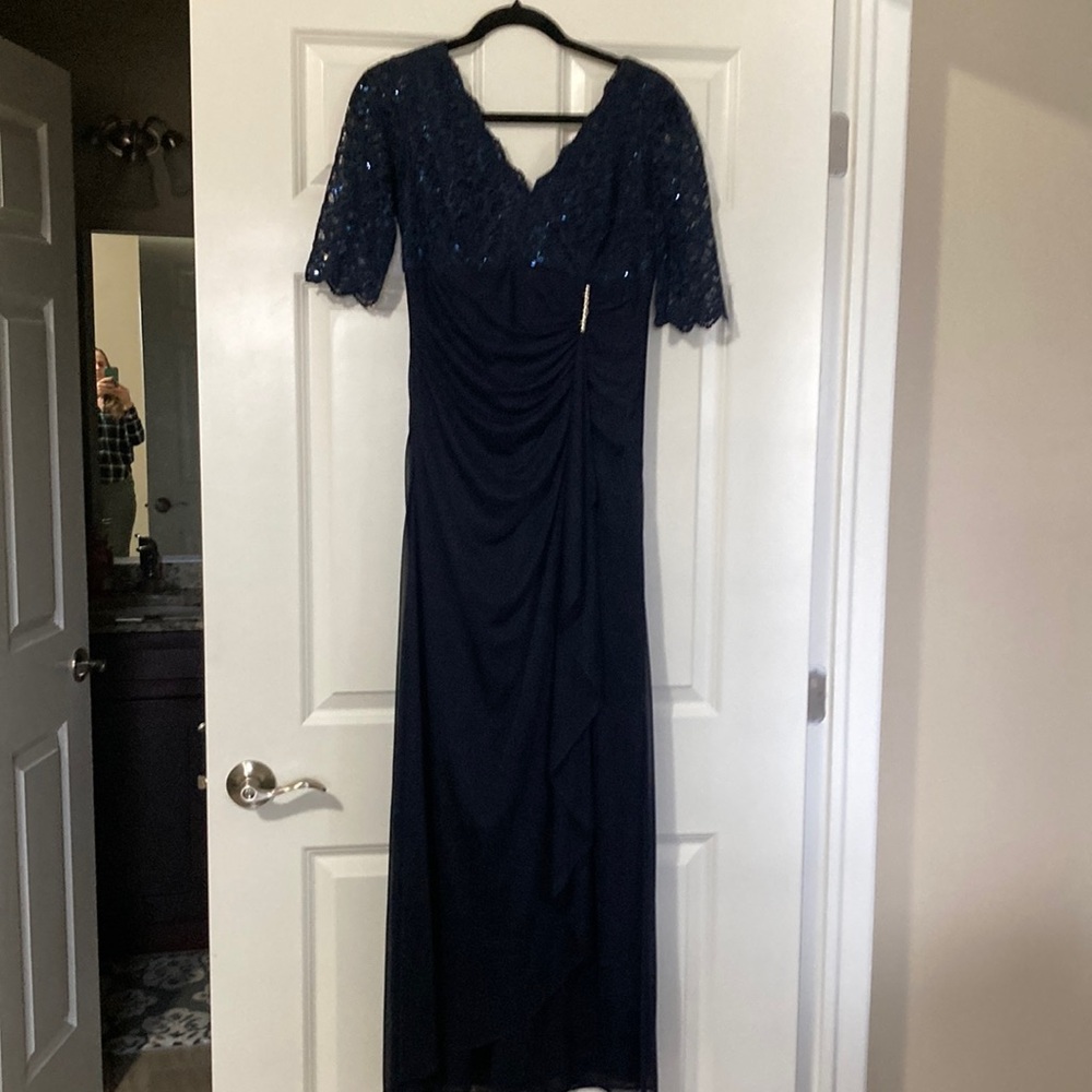 Betsy & Adam Johanna Navy Blue Sequin Gown/Dress with 3/4 Sleeves